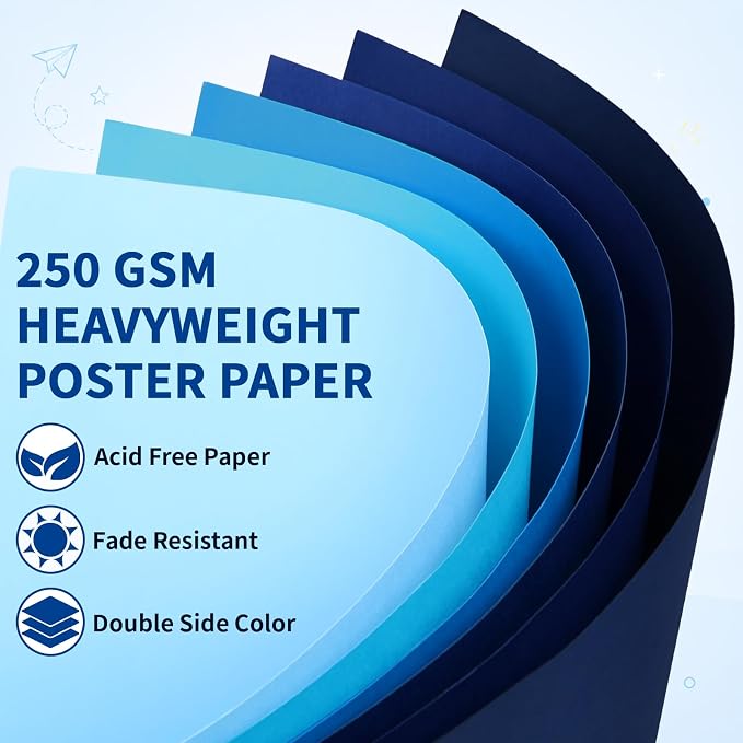 Oleitodh 60 Sheets Blue Large Poster Board 22 x 28 in, 6 Shades, 250 GSM | Heavyweight poster board for signs, school projects, vision boards, art crafts, presentations, and event displays. - Image 3