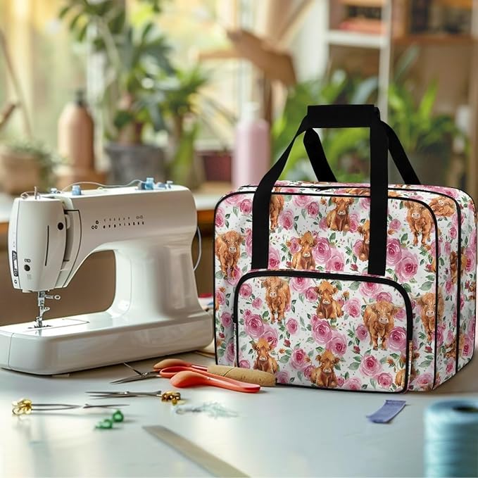 Sewing Machine Dust Bag Large Capacity Tote Bag Universal Sewing Machine Storage and Organizer Case with Soft Cushion and 4 Bottom Rubber Pads, Highland Cattle Rose - Image 4