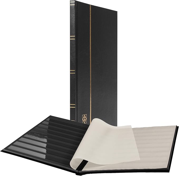 LIGHTHOUSE – “BASIC” Hard Cover Stockbook for Stamps – 16 Black Cardstock 9”x12” (A4) Pages with Clear Strips - Black by Leuchtturm