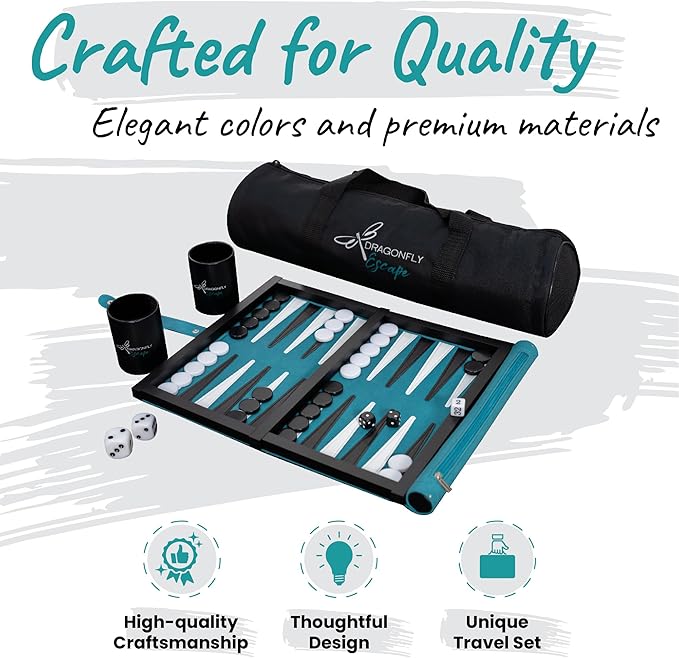 Travel Backgammon Set Deluxe – Roll-Up Board with Magnetic Wooden Frame, Dice Cups and Bag - Unique Travel Backgammon Set for Adults