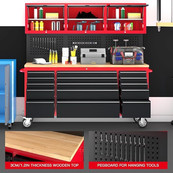 72" Rolling Tool Chest with 15 Drawers, 1.2" Thick Solid Wood Top | Power Outlet & Pegboard, Lockable,18" Deep 1.2" Thick Solid Wood Top - Image 4