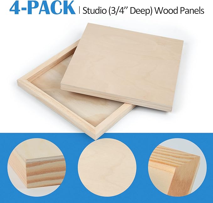 4 Pack 10x10’’ Unfinished Birch Wood Panels Kit for Painting | Studio 3/4’’ Deep Wooden Canvas, Cradle Boards for Acrylic Pouring, Art, Crafts, Epoxy Resin, Laser Engraving Cutting - Image 4