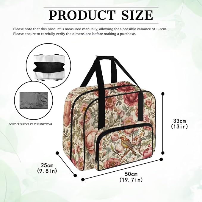 Bird Flower Organizer with Zipper Floral Portable Padded Storage with 4 Bottom Rubber Pads Sewing Machine Cases and Totes Soft Storage Bag for Handheld Sewing Machine - Image 5