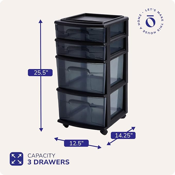 HOMZ Drawer Tower, 4-Tier Storage Cart with Removable Wheels, Black Frame | Plastic Organizer with Clear Bin Drawers for Bedroom, Bathroom, Home Office, and Dorm Rooms - Image 3