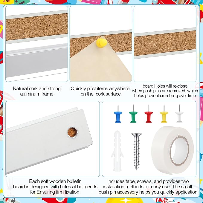 3 Pcs 36" x 1" Cork Strips Bulletin Bar Strips for Wall Bulletin Board Aluminum Trim Brown Cork Boards with Accessories for Paste Notes Photos Classroom Office Home Holiday Decor - Image 3