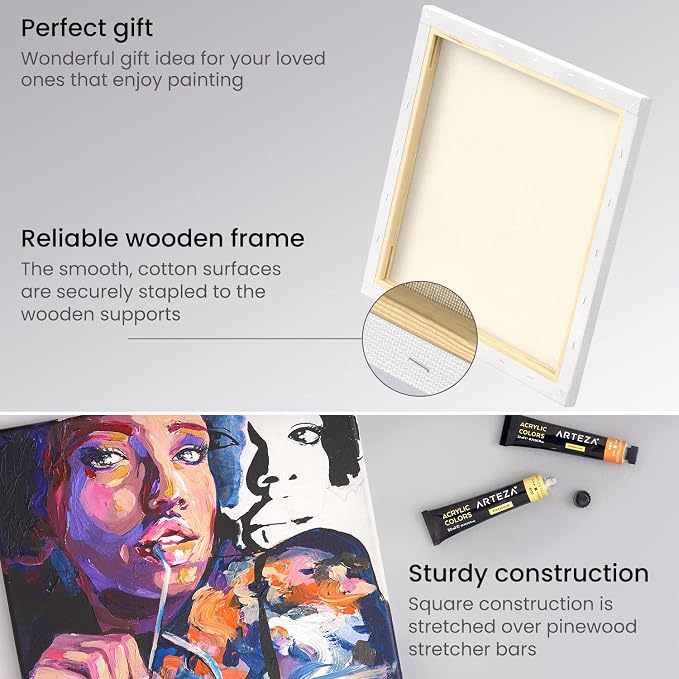 ARTEZA Stretched Canvas, 12 x 12 Inches, Pack of 8, Blank White Square Canvas for Painting for Acrylic, Oil and Gouache Paints - Image 2