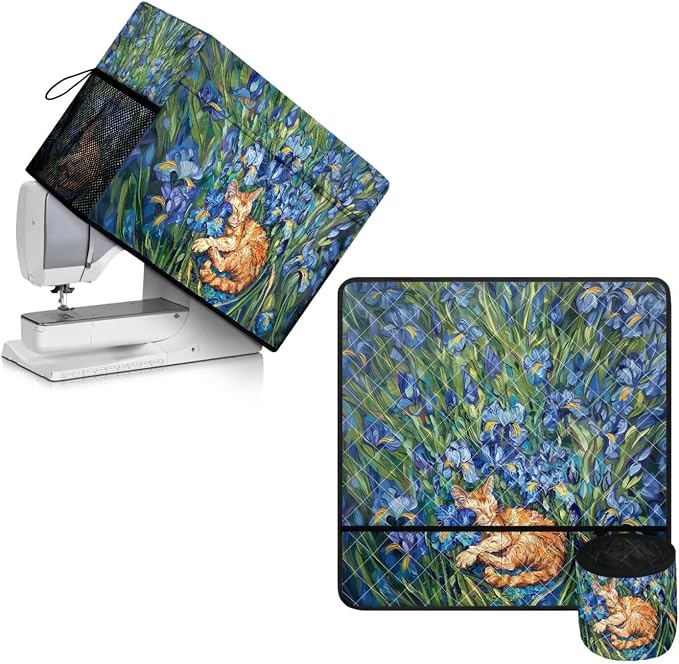Iris Flower Orange Cat Print Sewing Machine Muffling Mat and Dust Cover to Keep Clean & Safe Muffling Mat Protection Suitable for Brother Singer Bernina and Most Machines by PJHEQOXE