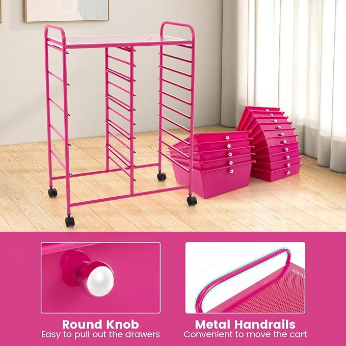 GOFLAME 15-Drawer Rolling Storage Cart, Craft Storage Cart with Removable Drawers & Lockable Wheels, Art Cart Supply Storage Organizer for Home Office Classroom, Hot Pink - Image 6