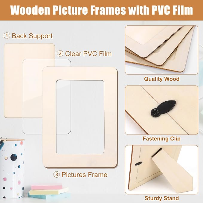 Fovths 12 Pieces Wooden Picture Frames for Crafts Unfinished Solid Wood Photo Frames for 4 x 6 Photos Standing Pictures Frame with PVC Film for DIY Art Crafts Paintings Home Decor - Image 3