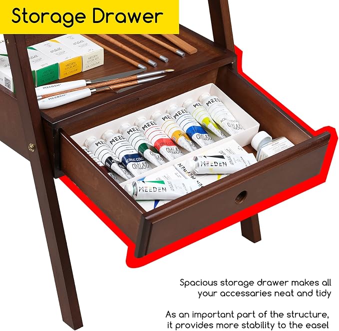 MEEDEN Studio H-Frame Easel with Art Supply Storage Drawer - Adjustable (60"~75") Solid Beech Wood Easel Stand for Artists, Students and Adults, Holds Canvas Art up to 36" - Walnut - Image 5