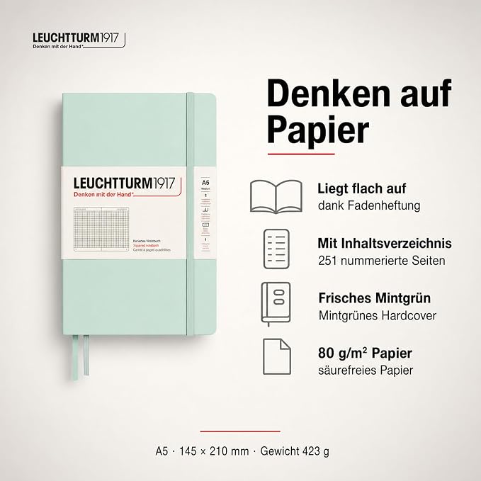LEUCHTTURM1917 - Notebook Hardcover Medium A5-251 Numbered Pages for Writing and Journaling (Mint Green, Squared) - Image 3