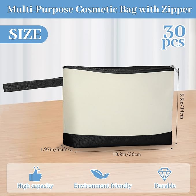 Silkfly 30 Pcs Cotton Canvas Makeup Bags Cosmetic Zipper Bags 10.2 x 5.5 x 2'' Blank DIY Pouch Bulk Pencil Case with Bottom Travel Toiletry Pouch for Women Craft Decor Gift (Black,Beige) - Image 2