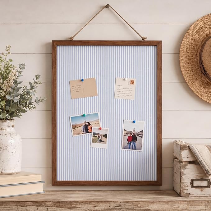 Leinuosen 17" x 23" Linen Cork Board for Walls Decorative Blue Striped Cork Boards Wood Framed Bulletin Boards, Picture Display Vision Pin Corkboards for Farmhouse Home Room Office Cottagecore Decor by Leinuosen