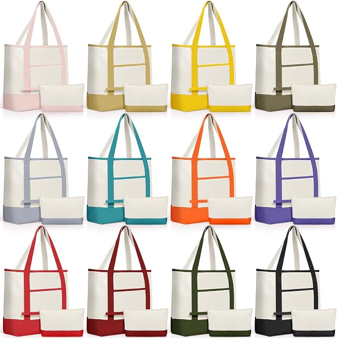 Sanwuta 24 Pcs Canvas Tote Bags Bulk with Outer Pocket and Makeup Pouch 18'' Reusable Grocery Bags with Handles for Women Beach DIY (Assorted) by Sanwuta