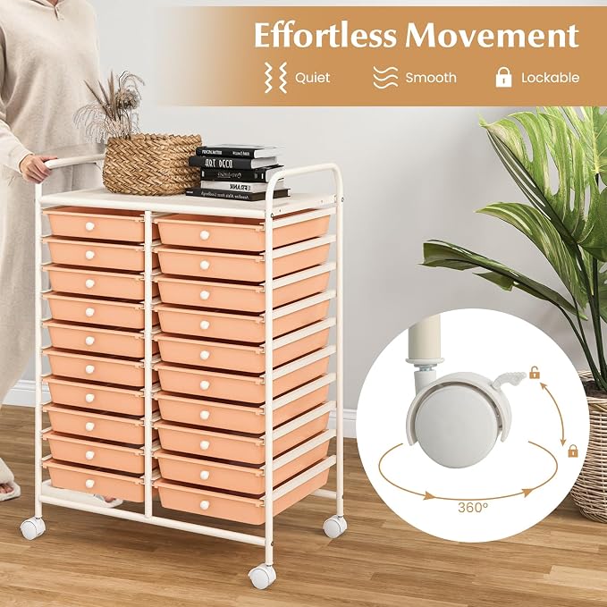 DREAMADE Rolling Cart with Storage Drawers, Utility Cart w/Removable Plastic Drawers, Lockable Wheels, Art Cart for Classroom Organization Art Supplies Office Scrapbook (20 Drawers, Peach) - Image 5