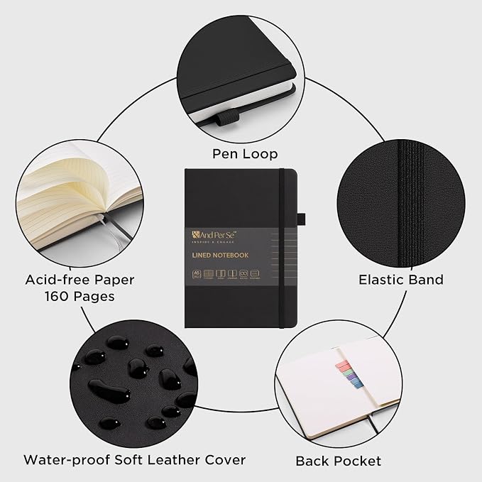 &And Per Se Lined Notebooks Bulk 5-Pack, A5 Hardcover Journal, 160 Pages 100gsm Thick Paper, Classroom Supplies for Students, Teachers, College Ruled Notebooks for School Office (Black) - Image 5