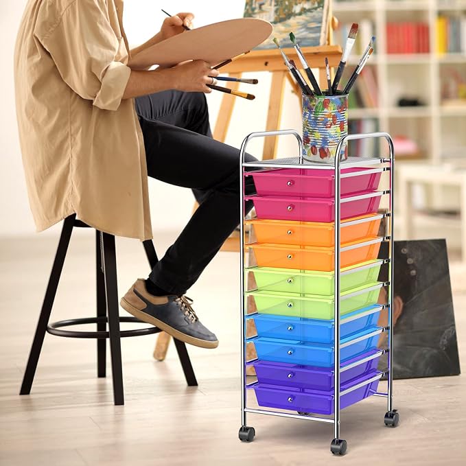 DREAMADE Rolling Cart with Storage Drawers, Utility Cart with Removable Plastic Drawers, Lockable Wheels, Art Cart for Classroom Organization Art Supplies Office Scrapbook (10 Drawers, Rainbow) by DREAMADE