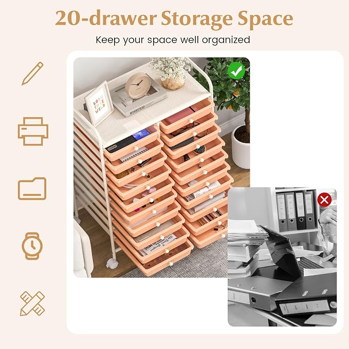 DREAMADE Rolling Cart with Storage Drawers, Utility Cart w/Removable Plastic Drawers, Lockable Wheels, Art Cart for Classroom Organization Art Supplies Office Scrapbook (20 Drawers, Peach) - Image 4