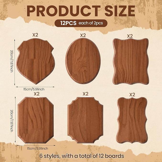 12 Pcs Blank Wooden Plaques for Crafts Unfinished Wood Signs for DIY Projects Hanging Signs, 6 Styles for Weddings Home Decor and Door Wall Art Activities Decoration(Brown) - Image 2