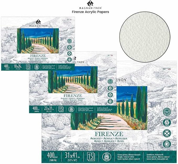 Magnani 1404 Firenze 100% Cotton Acrylic Paint Paper Pad, 9x12 188 lb. 15 Heavyweight Sheets, Rough Texture, Vegan Sizing, Natural White Acrylic Paper Pad for Acrylic, Gouache, Ink & Watercolor - Image 2