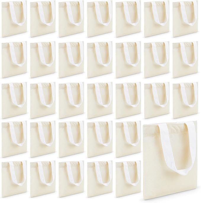 Amylove 24 Pcs Mini Canvas Tote Bags,8.5 X 8 Inch,Natural with White Handle | Blank Sublimation DIY, Small Reusable Totes Coloring Crafts, Grocery Shopping Easter Halloween Party Favor Gift Bags by Amylove