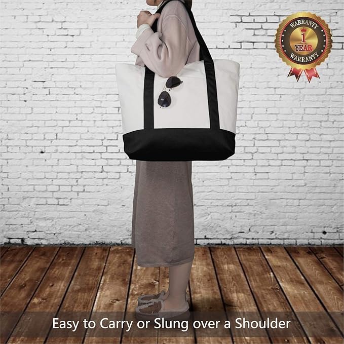 TOPDesign 1 | 3 | 6 | 30 Pack Canvas Tote Bag with an External Pocket, Reusable Grocery Shopping Bag, Top Zipper Closure, Daily Essentials (Black/Natural Pack of 1) - Image 2