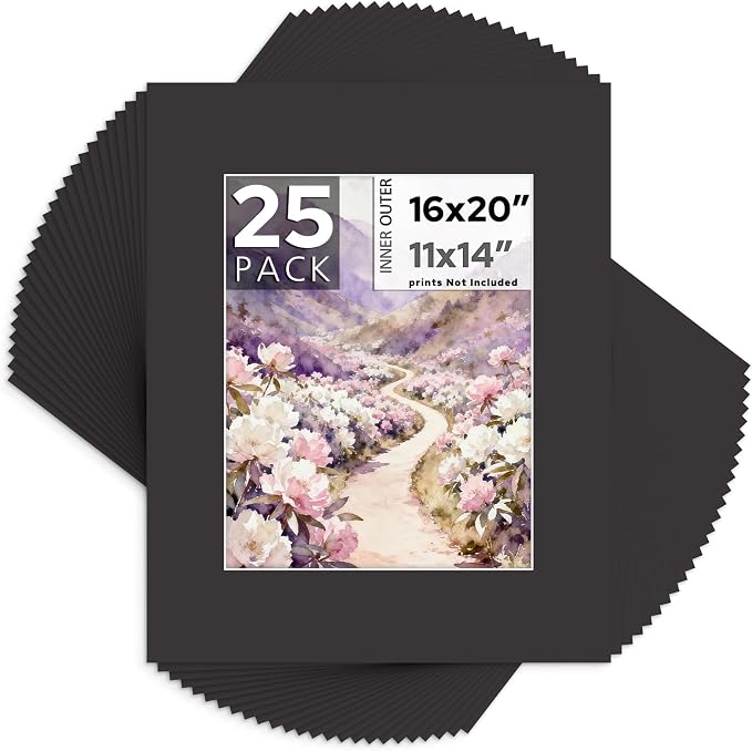 Mat Board Center 25 Pack 16x20 Picture Mat for 11x14 Photo Black | Fits 11x14, White Core, Acid Free, 4-Ply Thick, Photo, Art, Poster or Print Display by MatBoardCenter