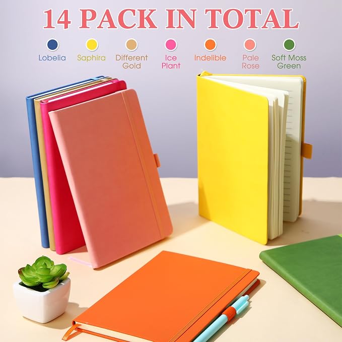 Laumoi 14 Pack Hardcover Lined Journal Notebooks Bulk,Fashion Color,A5 | PU Leather Journaling, Wide Ruled, with Pen Holder, for Office Business Work Writing - Image 6
