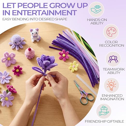 Libima 3800 Pcs Pipe Cleaners Bulk 10 Colors Chenille Stems Craft Supplies 12" Long Fuzzy Sticks 6 mm Teacher Welcome Back Gifts DIY Flower Kits for Art Bouquet Creative Activity Decor (Purple) - Image 5