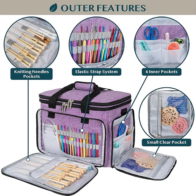 PAVILIA Knitting Bag Yarn Storage Tote - Crochet Organizer Bag, Yarn Storage Holder with Dividers for Knitting Accessories, Yarn Skiens, Needles, Hooks, Unfinished Project (Heather Gray) - Image 3