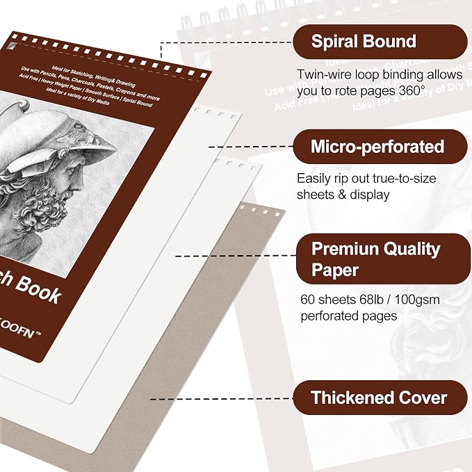 TKOOFN 10 Pack 8.5" x 11" SketchBooks Bulk,Top Spiral Bound Sketchbook | 60 Sheet Each,600 Sheets total,68lb/100gsm thick,Acid-Free,Sketch Drawing Paper Pad for Adult Kids Artists Beginners - Image 3