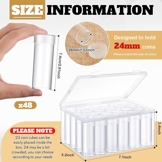 Qunclay 48 Pcs Quarter Coin Tubes Bulk with 2 Plastic Storage Box Clear Holders with Lid for Collection Supplies - Image 2