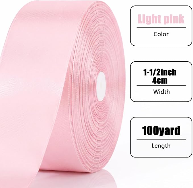 100 Yards Ribbon,1-1/2 Inch Light Pink Satin Ribbon | Single Face Satin Ribbons,Perfect for Gift Wrapping,Wedding Decoration,Handmade Bows,Wrapping Bouquet and More - Image 2