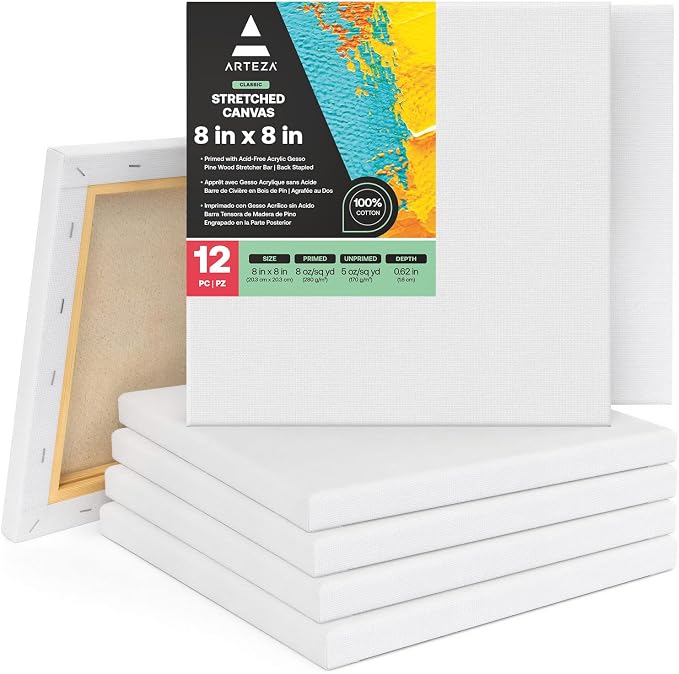 ARTEZA Stretched Canvas, 8 x 8 Inches, Pack of 12, Blank White Square Canvas for Painting for Acrylic, Oil and Gouache Paints by ARTEZA