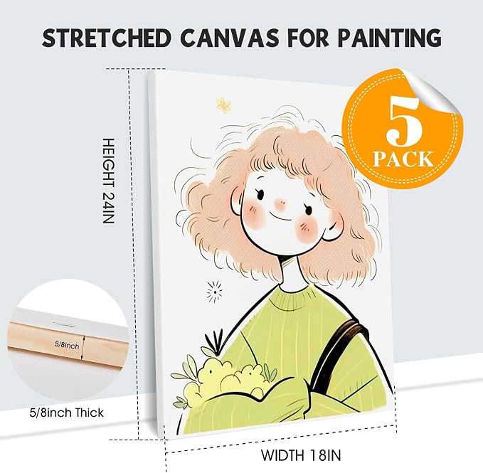 ESRICH Stretched Canvas for Painting 18x24 Inch, 5Pack Large Canvas for Painting, Primed Acid-Free Cotton Blank Canvases, Art Paint Canvases for Oil Paint,Watercolor,Acrylic Paint,Gouache and Tempera. - Image 2