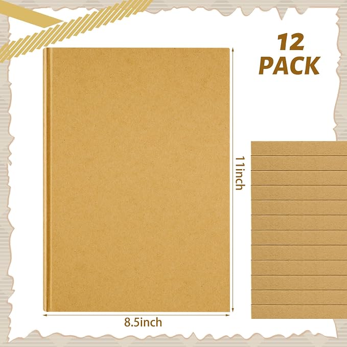 Henoyso 12 Pcs Blank Notebook Journal Hardcover Sketchbook, 11 x 8.5 in | Bulk Unlined Sketch Book 100 Sheets/200 Pages Kraft Notebooks for Writing Drawing for Students School Office, Brown - Image 2