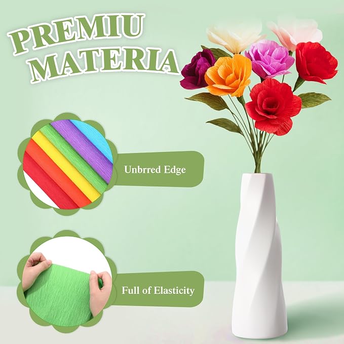 Humyoun 16 Rolls Crepe Paper Streamers 16 x 98 Inch Colorful Crepe Paper Sheets with Floral Stem Wires & Floral Tapes for Flower Making DIY Crafts Birthday Wedding Decoration (Vibrant Color) - Image 4
