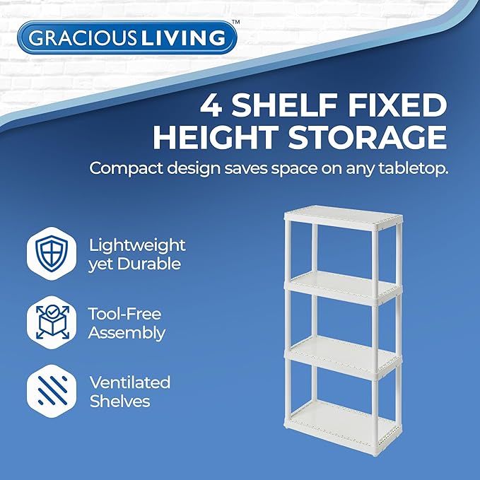 Gracious Living 4 Shelf Fixed Height Solid Light Duty Storage Unit 12 x 24 x 48 for Home, Garage, Basement, & Laundry, White (4 Pack)