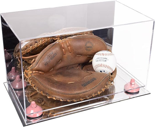 Better Display Cases Acrylic Catchers Glove Display Case with Mirror, Pink Risers and Mirror Base (A011/V16)