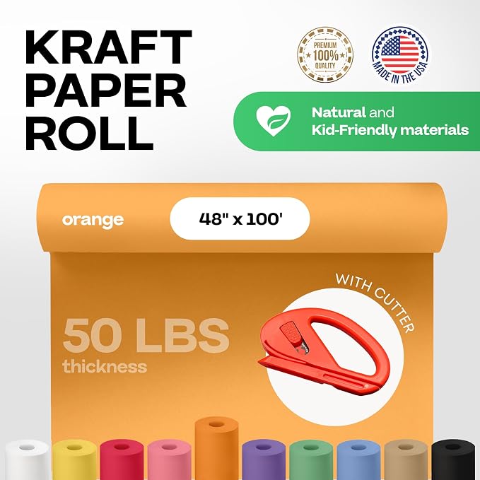 Orange Kraft Paper Roll 48" x 1200" (100 feet) with Cutter - USA-Made Gift Wrapping Paper for Packing, Moving, Shipping & Crafts/Arts - 100% Recyclable Natural Craft Material by IDL Packaging | Gift Wrapping Paper for Packing, Moving, Shipping & Crafts... - Image 2