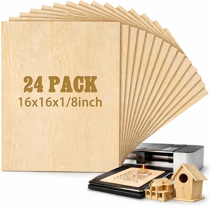 24 Pcs 16" X 16"X 1/8" Basswood Plywood Sheets for Laser Cutting | 3mm Plywood Wood Thin Sheets for DIY Arts Crafts Woodworking Scroll Sawing Projects Painting Drawing by Juexica