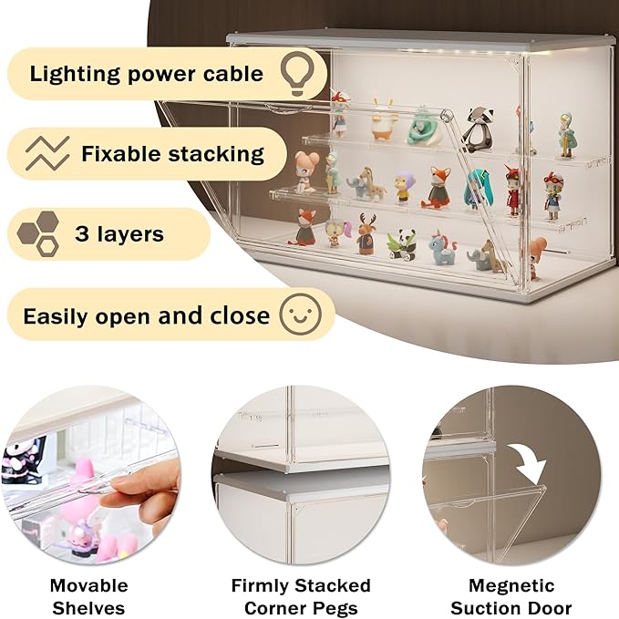 Clear Display Case for Collectibles, 3-Tier Stackable LED Figure Display Case with Magnetic Door, Adjustable Showcase for Models, Miniatures, Jewly (White, 17.6H-2PCS)