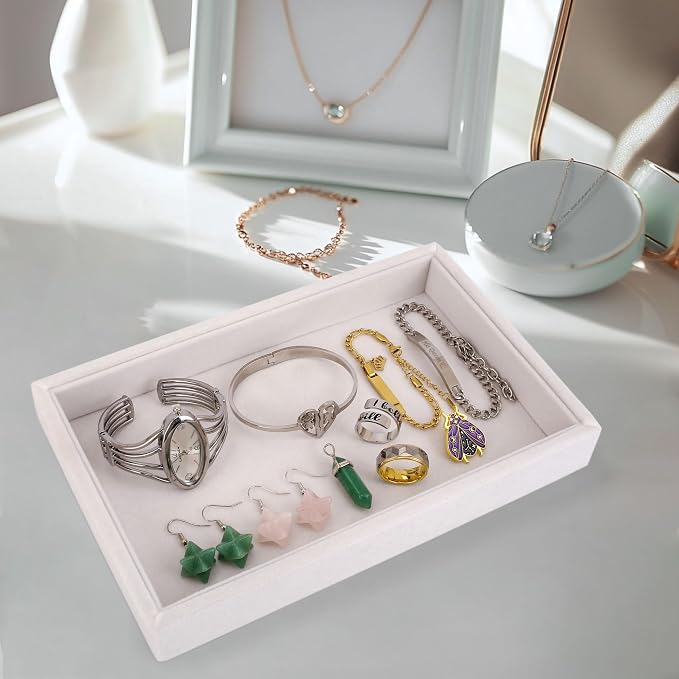 4pcs 9"x5.7" Velvet Jewelry Tray Jewelry Display Tray Stackable Plate Tray | Jewelry Organizer Trays for Earrings Necklaces Bracelet Rings Display Showcase - Beige - Image 4