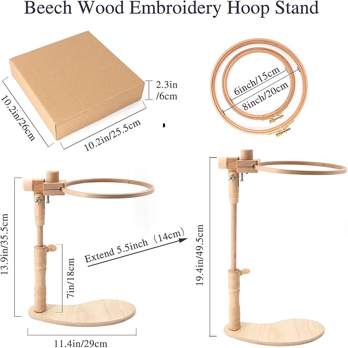 ZOCONE Beech Wood Embroidery Hoop Stand with 2 Pcs 6'' 8'' Embroidery Hoops | Natural Wooden Adjustable Rotated Embroidery Stand, Embroidery Hoop Holder for Cross Stitch and Embroidery Project - Image 3