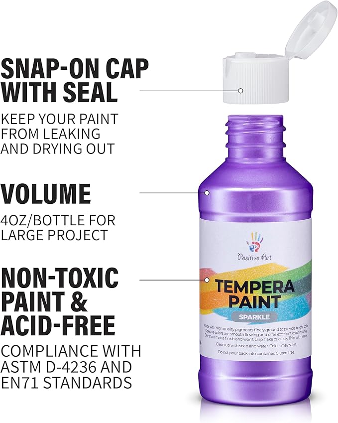 Washable Tempera Paint Set – 6 Colors, 4 fl oz Bottles, Non-Toxic Kid-Safe School & Craft Paint, Easy Cleanup, Thick Creamy Coverage, Classroom Art Supplies, Made in USA (Pearlescent)