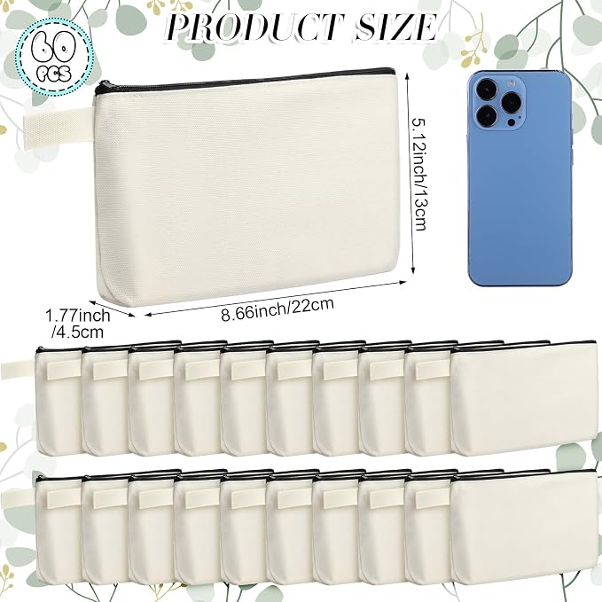 Reginary 60 Pcs Canvas Makeup Bag Bulk,7.5 X 5 X 2 Inch,Black | Portable Cosmetic Pouch with Zipper, Blank Design Pencil Case, Versatile Toiletry Organizer for Women Travel DIY Craft - Image 2
