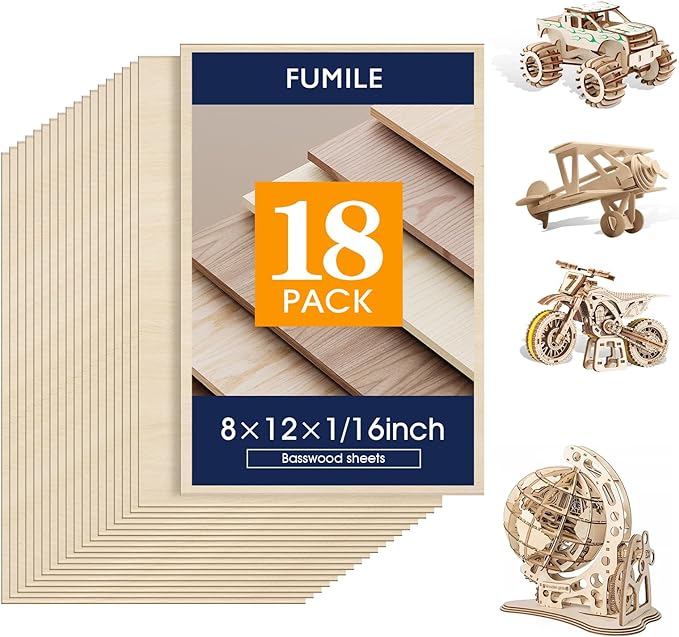 Basswood Sheets 1/16,18 Pack 8x12 Inch Basswood for Laser Cutting, Drawing,Wood Burning, Architectural Models.Plywood Sheets Unfinished Wood Boards for DIY Crafts. by FUMILE