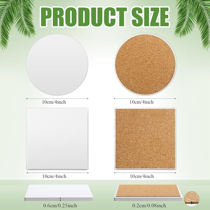 Zopeal 48 Pcs Ceramic Tiles for Crafts Coasters Include Unglazed White Ceramic Tiles with Cork Backing Pads Use with Alcohol Ink Acrylic Pouring for DIY Project Gift (Square,Round) - Image 2