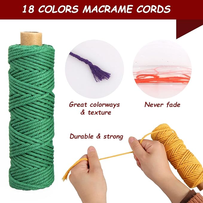 Macrame Cord 3mm x 594 Yards, 18 Rolls Natural Colored Macrame Cotton Cord Rope Kit Color Variety Macrame Jute Twine String 4 Strand Twisted for Wall Hanger Plant Hanging DIY Knitting Macrame Supplies - Image 3
