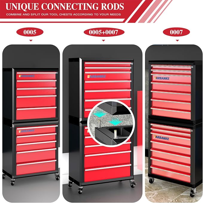 12-Drawer Rolling Tool Chest with Wheels,Lockable Tool Cabinet | 360° Swivel Castors, Drawer Liner,Multifunctional Waterproof Top, Connect Rods for Combination with Similar Tool Cabinets - Image 5